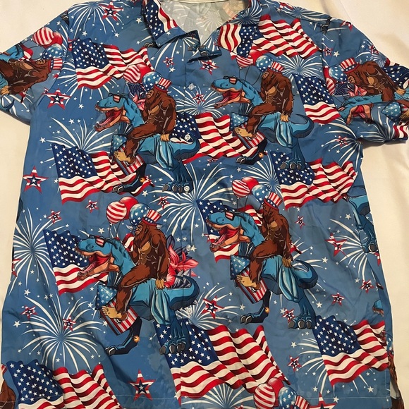 Men's Patriotic Blue Shirt with Fireworks Design - Picture 1 of 5
